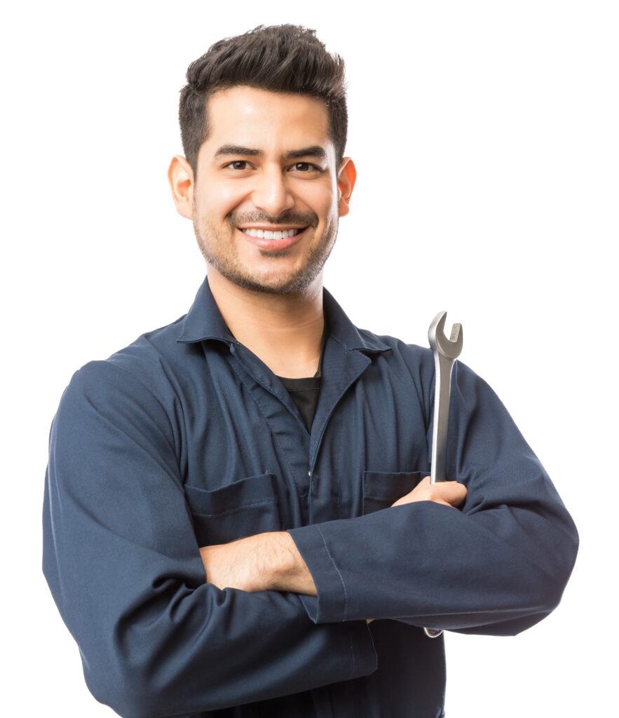 mechanic with wrench standing hands folded on white background